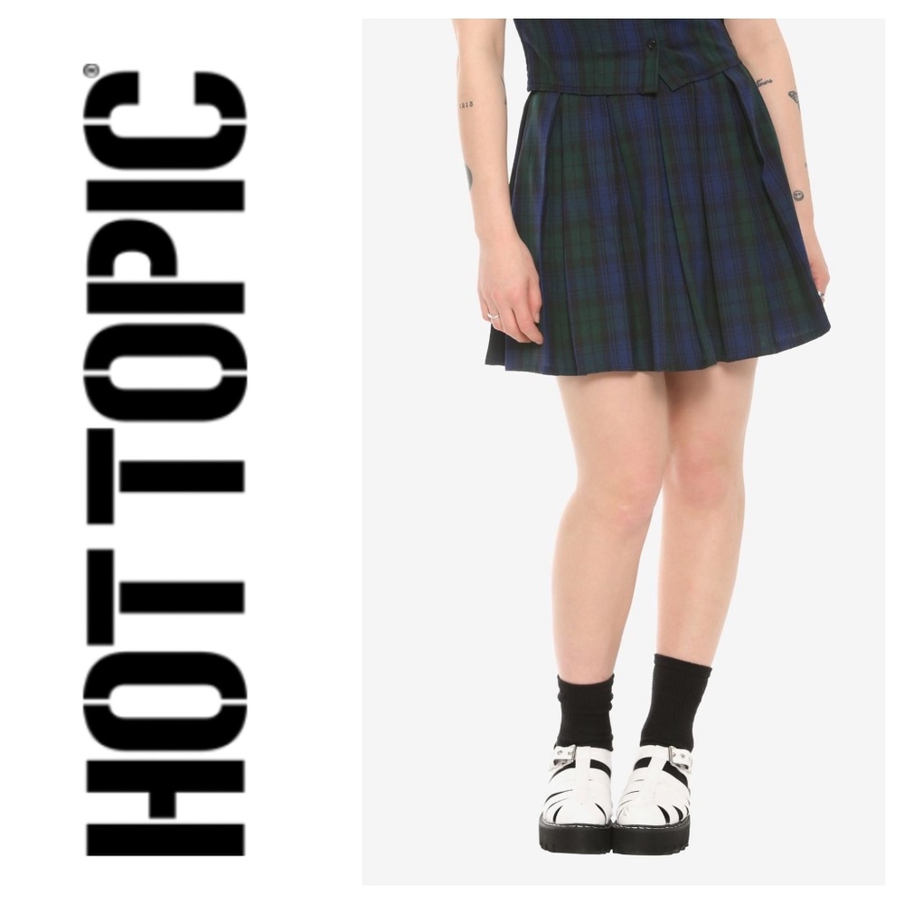 Hot Topic Green & Blue Plaid Pleated Skirt